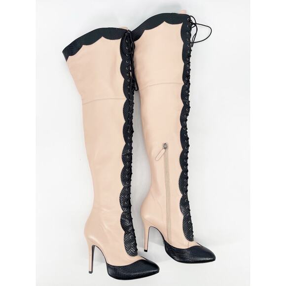 Gucci Harriet Light Rose Black Leather Lace Up Over The Knee Heeled Boots EU 38 - Picture 6 of 15